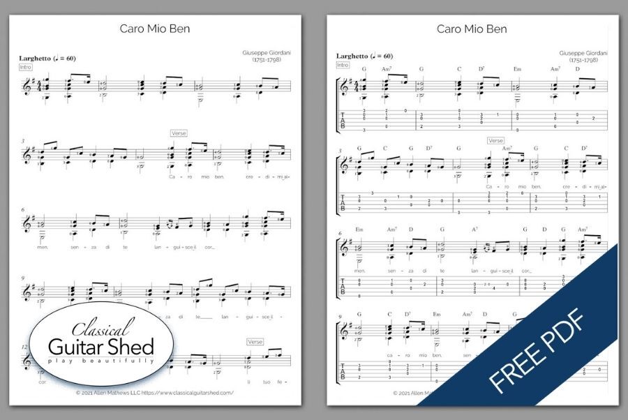 Free Guitar Sheet Music] Giuseppe Giordani - Caro Mio Ben